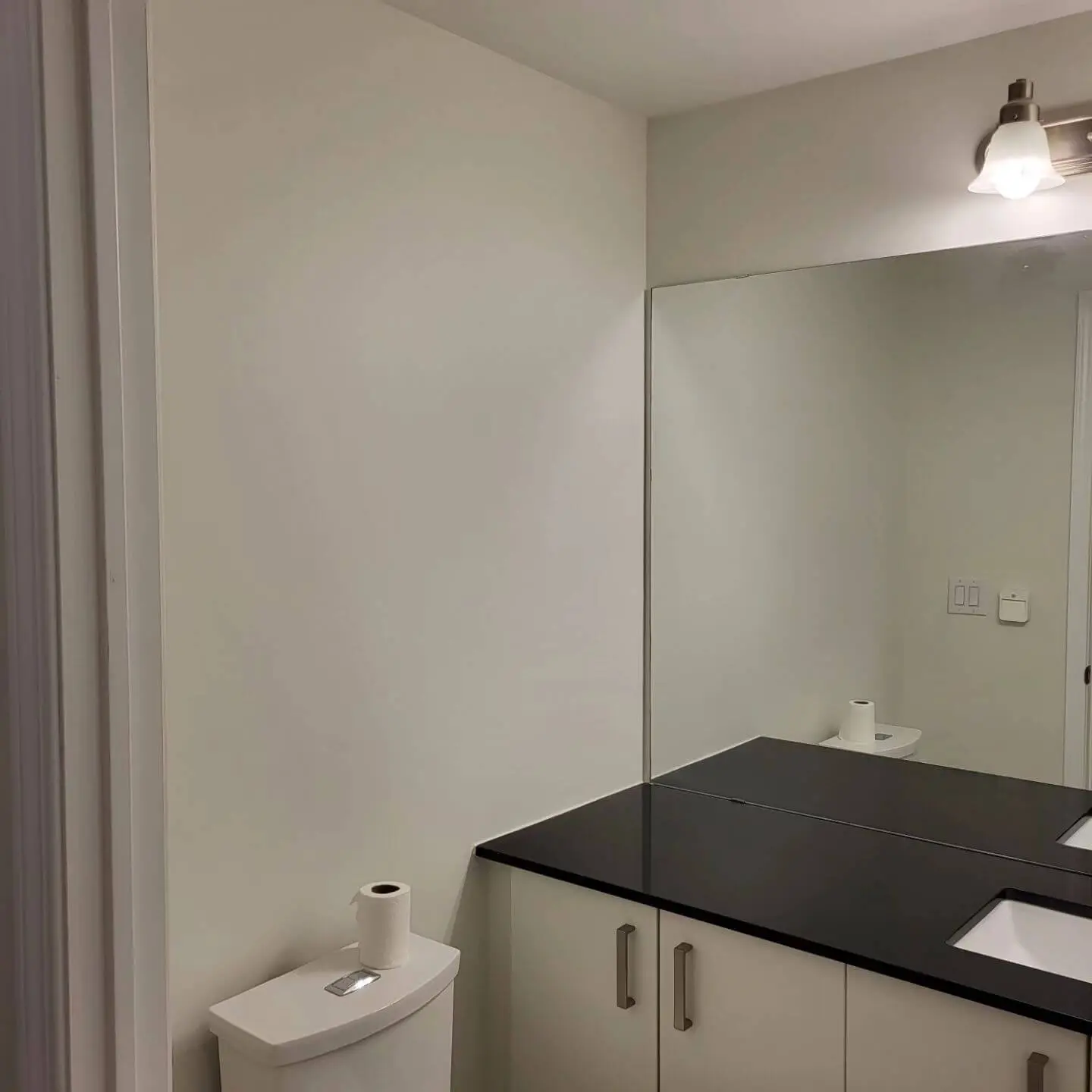 Modern bathroom with a black countertop, large wall mirror, and a white toilet against a plain wall.